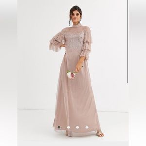 NWT ASOS Maya Bridesmaid delicate sequin tulle maxi dress in taupe blush